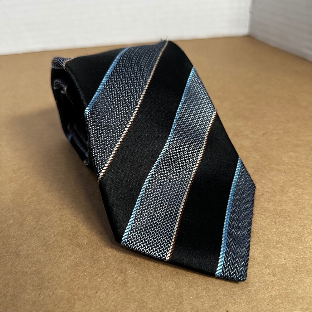 Ermenegildo Zegna Silk Tie Mens XL Black Blue Striped Excellent Italian Luxury